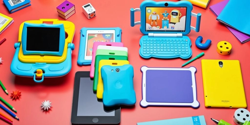 Colorful tablets for kids on a playful background.